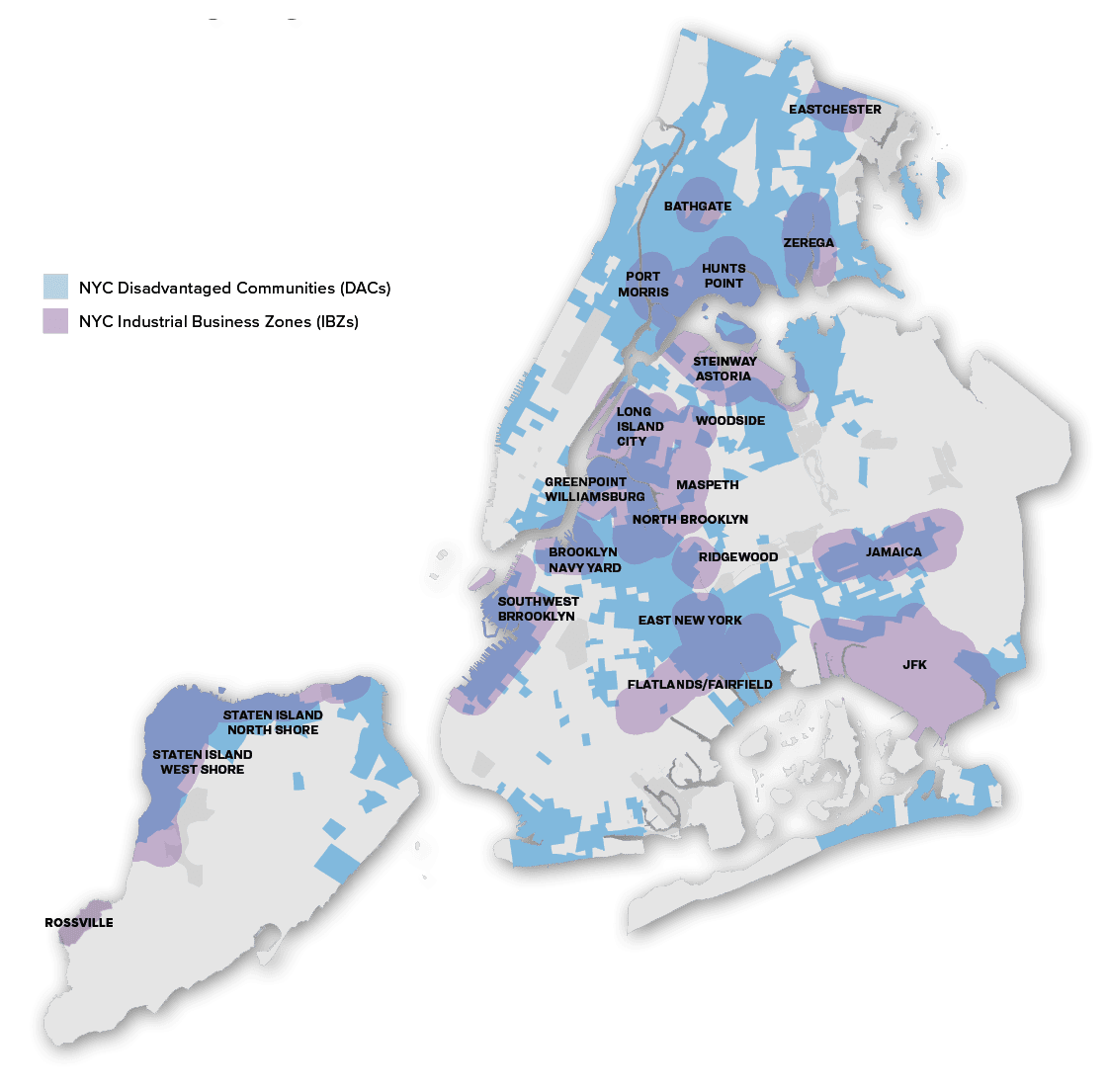NYC Disadvantaged Communities and Industrial Business Zones Map